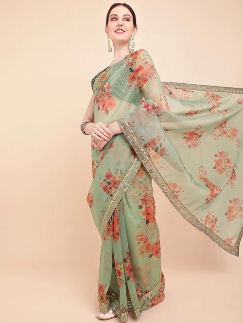 self design printed saree with blouse - 19431682 - Very Small Image - 1
