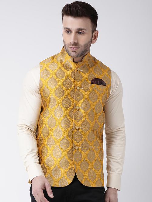 yellow self design nehru jacket - 19432139 - Very Small Image - 1
