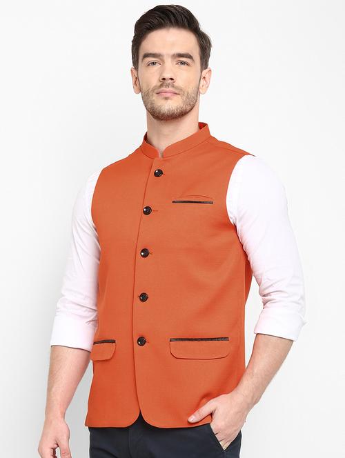 orange solid nehru jacket - 19432156 - Very Small Image - 1