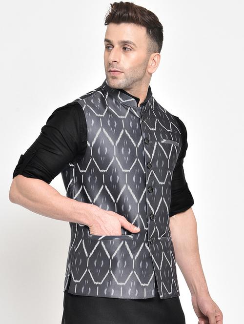 grey printed nehru jacket - 19432159 - Very Small Image - 1