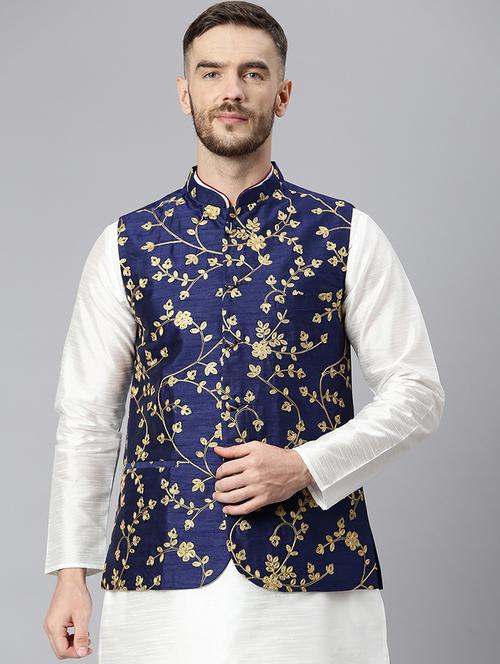 navy blue embroidered nehru jacket - 19432170 - Very Small Image - 1