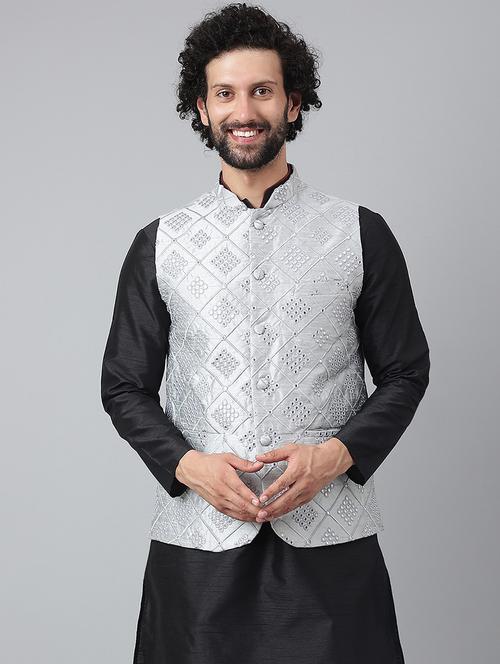 grey embroidered nehru jacket - 19432185 - Very Small Image - 1