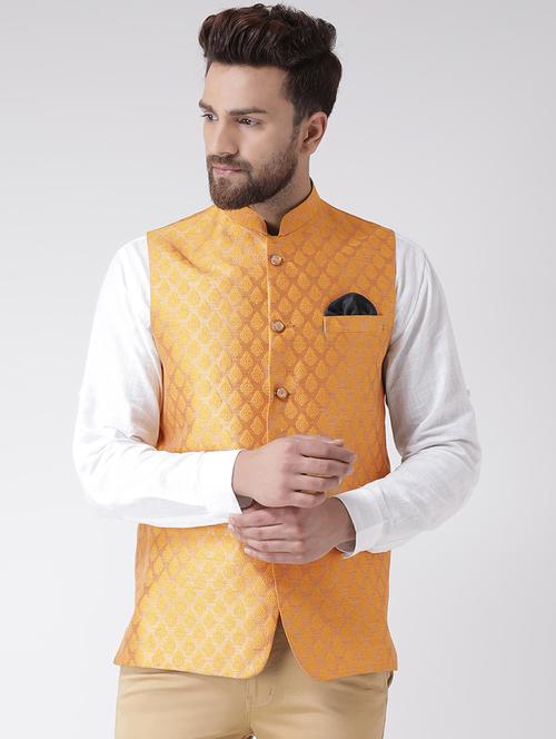 yellow self design nehru jacket - 19432235 - Very Small Image - 1