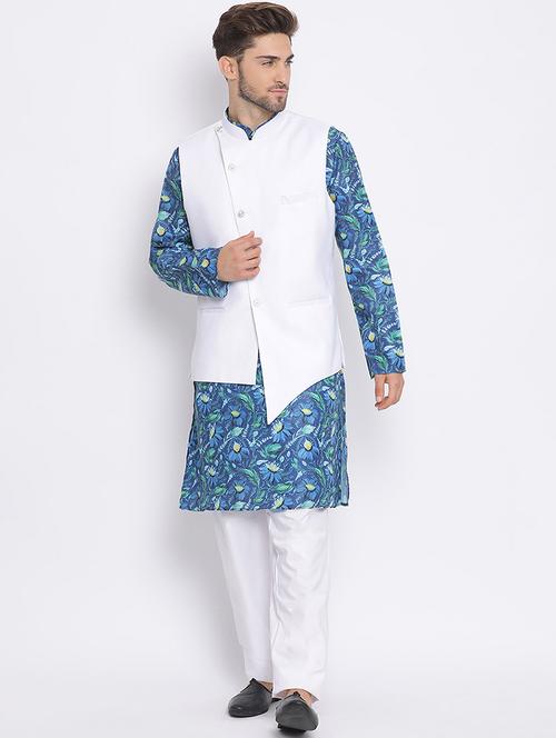 printed kurta pyjama with nehru jacket ethnic set - 19432716 - Very Small Image - 1