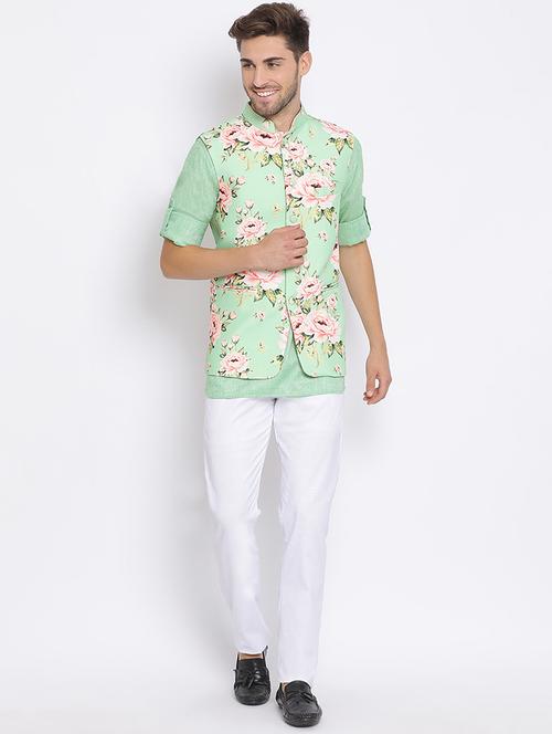 green kurta with trousers & printed jacket ethnic set - 19432726 - Very Small Image - 1
