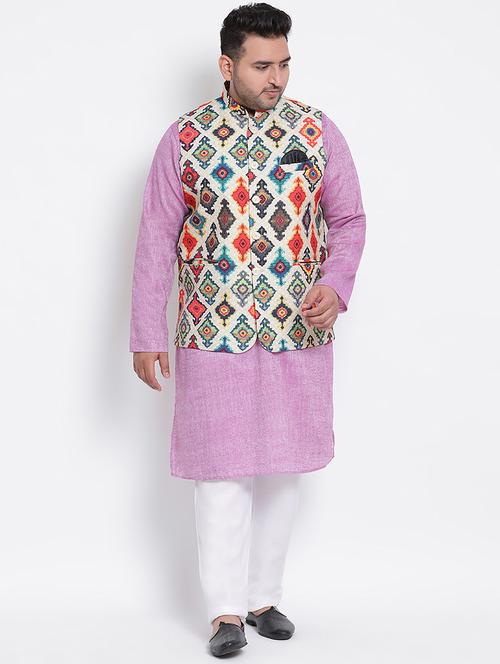 lavender kurta pyjama with printed nehru jacket ethnic set - 19432783 - Very Small Image - 1
