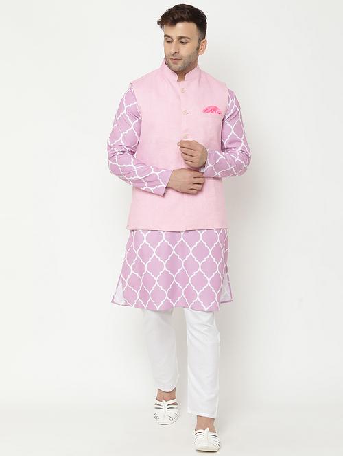 lavender kurta pyjama with nehru jacket ethnic set - 19432857 - Very Small Image - 1