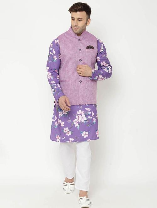 purple printed kurta pyjama with nehru jacket ethnic set - 19432859 - Very Small Image - 1