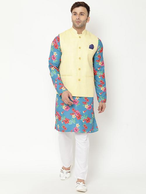 turquoise printed kurta pyjama with nehru jacket ethnic set - 19432865 - Very Small Image - 1