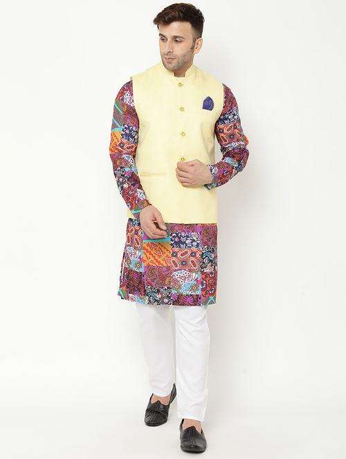 multi colored printed kurta pyjama with nehru jacket ethnic set - 19432867 - Very Small Image - 1