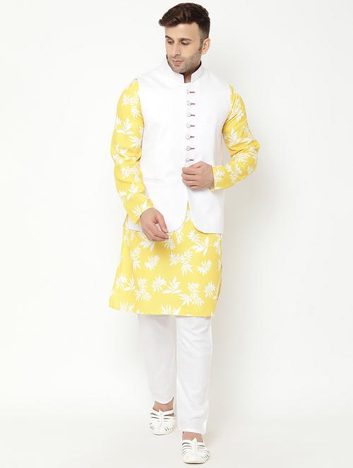 yellow printed kurta pyjama with nehru jacket ethnic set - 19432870 - Very Small Image - 1