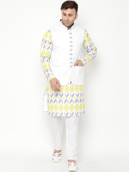 yellow printed kurta pyjama with nehru jacket ethnic set - 19432885 - Very Small Image - 1