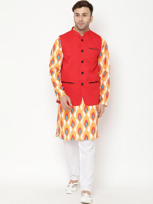 orange printed kurta pyjama with nehru jacket ethnic set - 19432900 - Very Small Image - 1