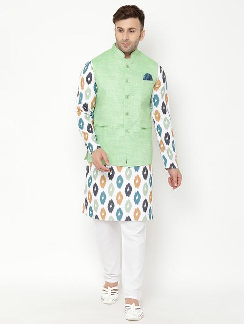 white printed kurta pyjama with nehru jacket ethnic set - 19432903 - Very Small Image - 1