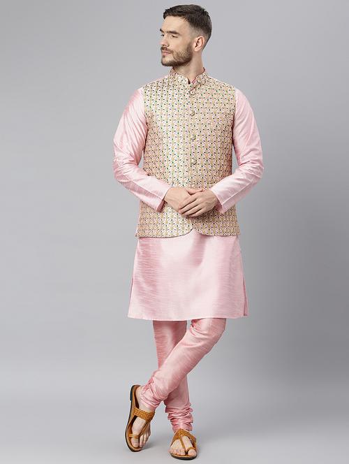 pink self design kurta pyjama with nehru jacket ethnic set - 19432933 - Very Small Image - 1