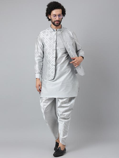 grey self design kurta pyjama with nehru jacket - 19436061 - Very Small Image - 1