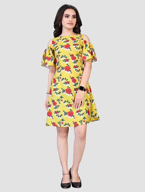 yellow printed crepe a-line dress - 19437001 - Very Small Image - 1
