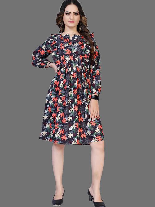 black floral print a-line dress - 19437031 - Very Small Image - 1