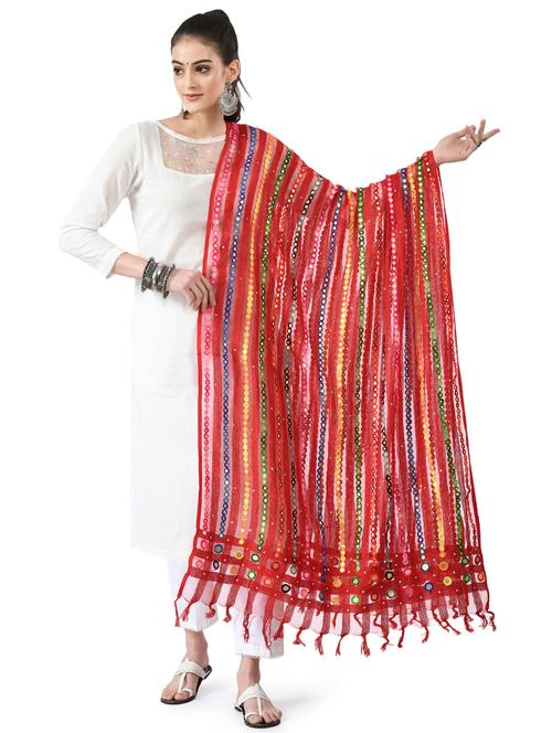 red self designed embroidered mirror work dupatta - 19437194 - Very Small Image - 1