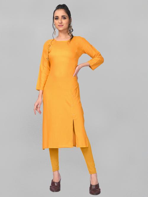 yellow round neck straight kurta - 19437499 - Very Small Image - 1