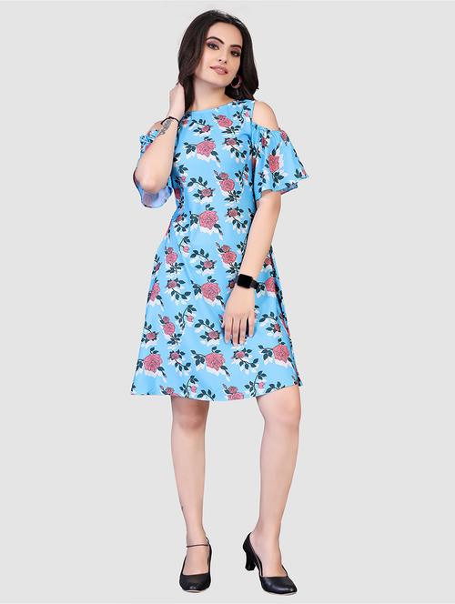 blue florals printed cold shoulder a-line dress - 19439654 - Very Small Image - 1
