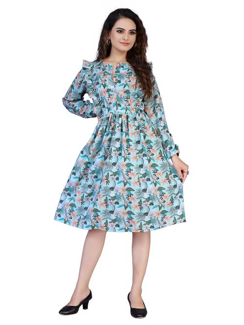 blue florals printed fit & flare dress - 19439671 - Very Small Image - 1