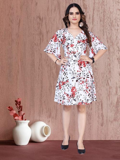white florals printed a-line dress - 19439672 - Very Small Image - 1