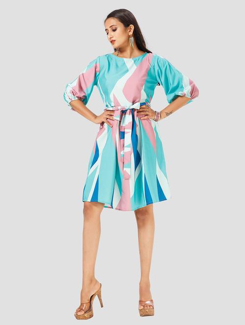 blue printed round neck a-line dress - 19439696 - Very Small Image - 1