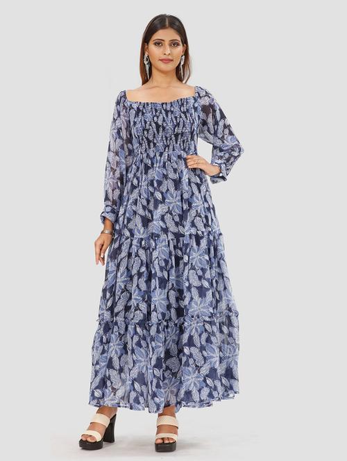 blue printed fit & flare maxi dress - 19439698 - Very Small Image - 1