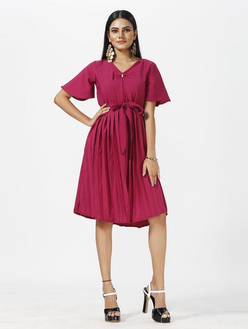 solid fit & flared knee length dress - 19439709 - Very Small Image - 1