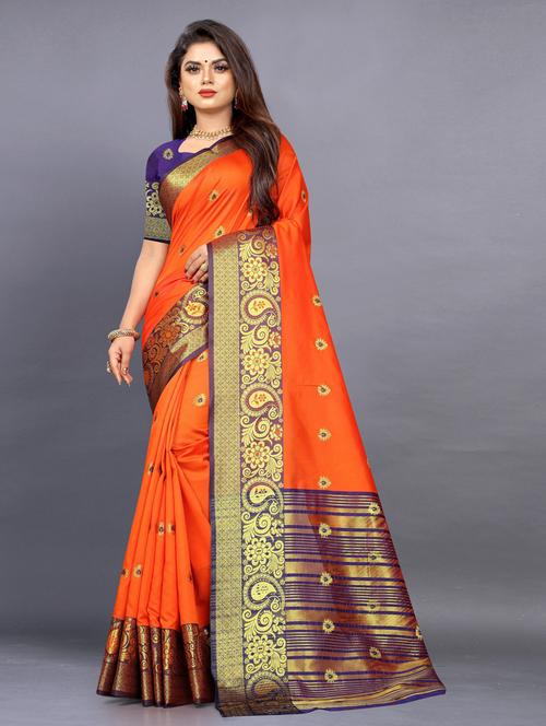 orange contrast bordered banarasi saree - 19452222 - Very Small Image - 1