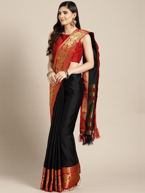 black solid bordered saree with blouse - 19452225 - Very Small Image - 1