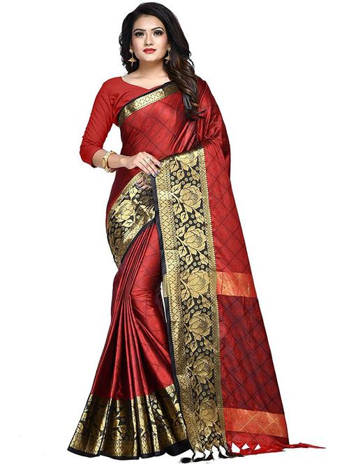 red contrast bordered banarasi saree with blouse - 19452235 - Very Small Image - 1