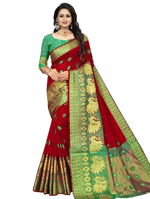 red contrast bordered banarasi saree with blouse - 19452239 - Very Small Image - 1