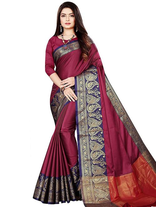 maroon solid bordered saree with blouse - 19452259 - Very Small Image - 1