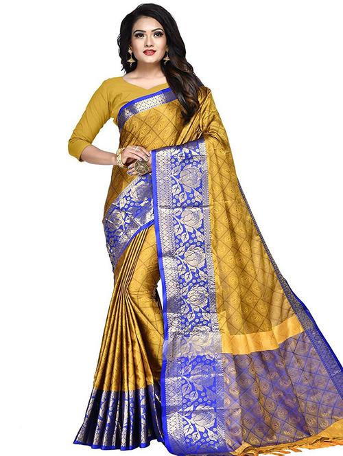 yellow contrast bordered banarasi saree with blouse - 19452286 - Very Small Image - 1