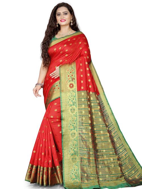 red contrast bordered banarasi saree with blouse - 19452293 - Very Small Image - 1