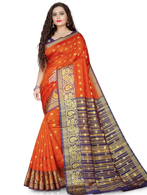 orange contrast bordered banarasi saree with blouse - 19452306 - Very Small Image - 1