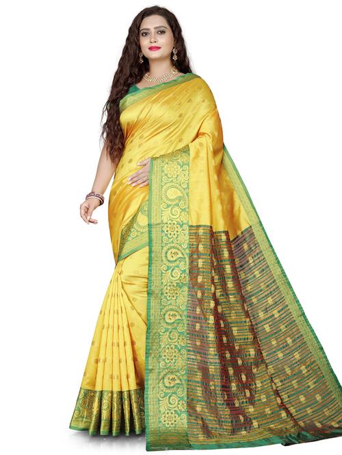 yellow silk blend banarasi saree - 19452340 - Very Small Image - 1