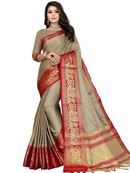 beige self design woven saree with blouse - 19452390 - Very Small Image - 1