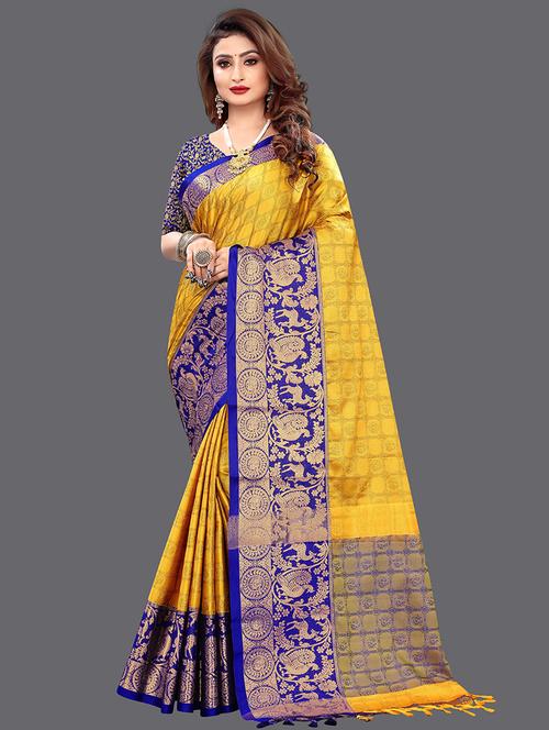 gold bordered woven saree with blouse - 19453640 - Very Small Image - 1
