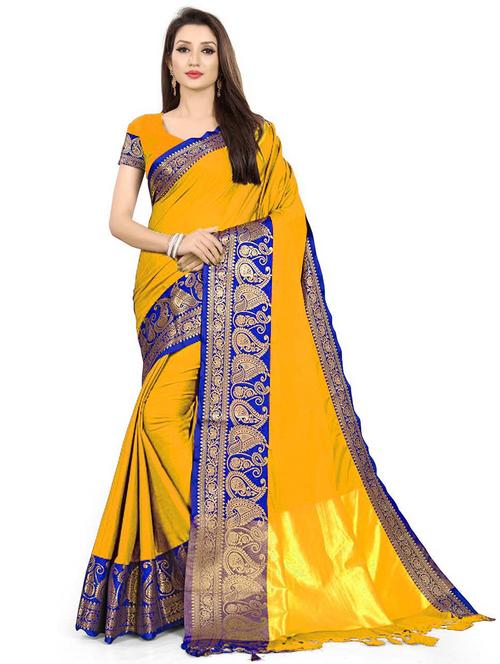 gold bordered woven saree with blouse - 19453778 - Very Small Image - 1