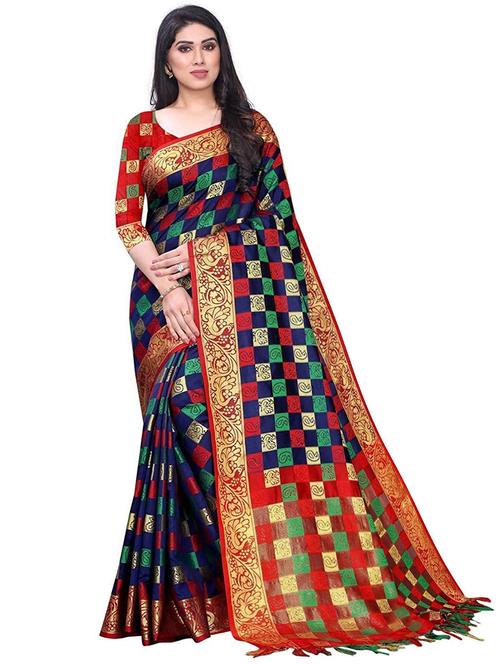 checkered design banarasi saree with blouse - 19453876 - Very Small Image - 1