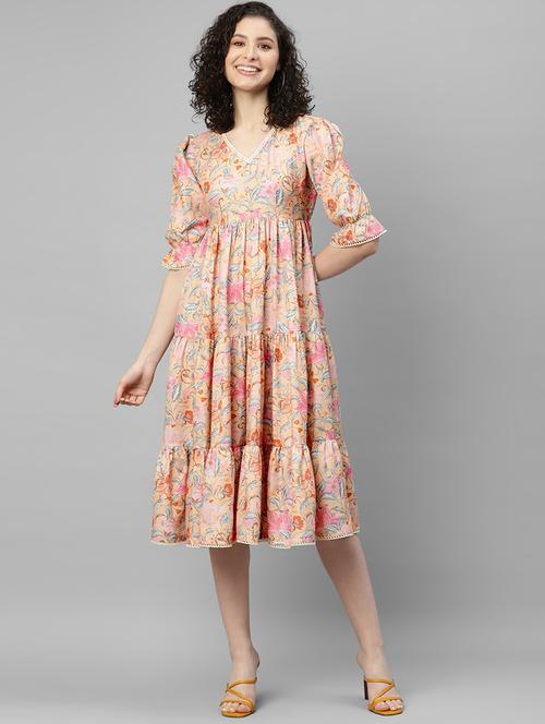 orange printed fit & flare dress - 19453935 - Very Small Image - 1