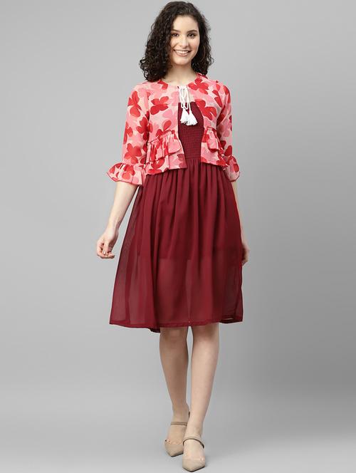 maroon solid fit & flare dress - 19453945 - Very Small Image - 1