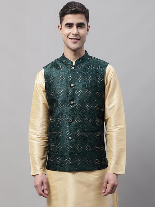 green sleeveless self design nehru jacket - 19453994 - Very Small Image - 1