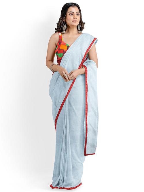 women's bordered light blue colored saree with blouse - 19459499 - Very Small Image - 1