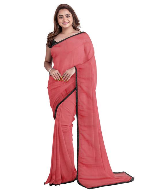women's self design coral colored saree with blouse - 19459914 - Very Small Image - 1