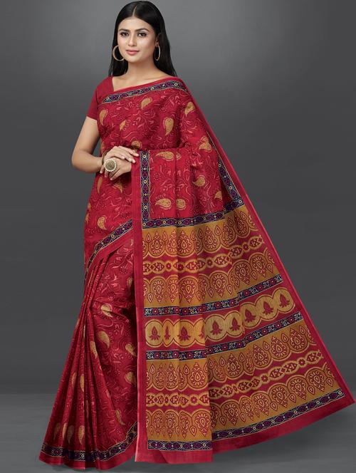 red cotton printed saree - 19462495 - Very Small Image - 1