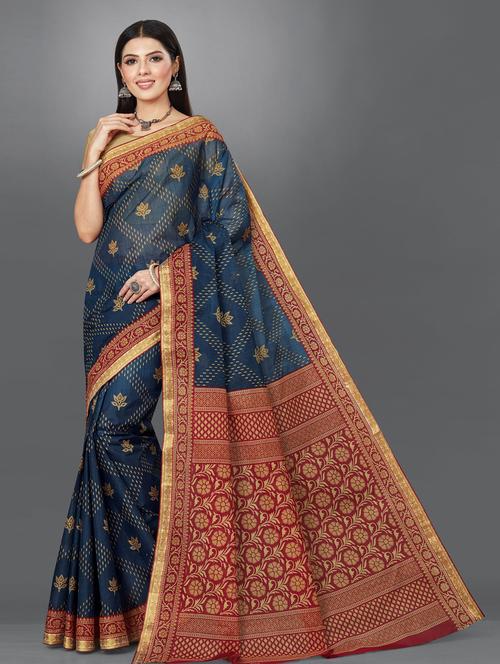 navy cotton printed saree - 19462503 - Very Small Image - 1